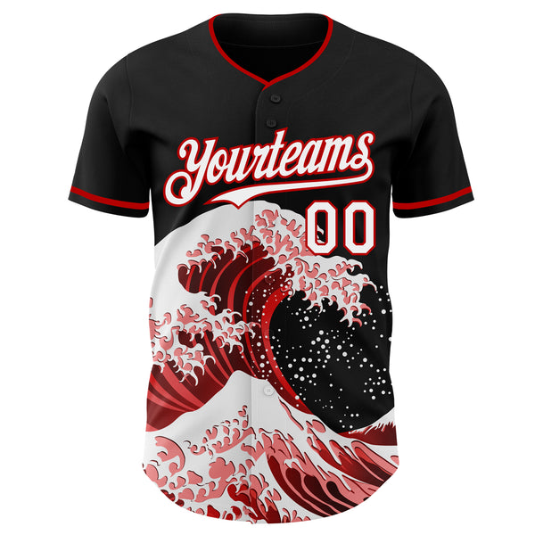 Custom Black White-Red Japanese Wave Authentic Baseball Jersey