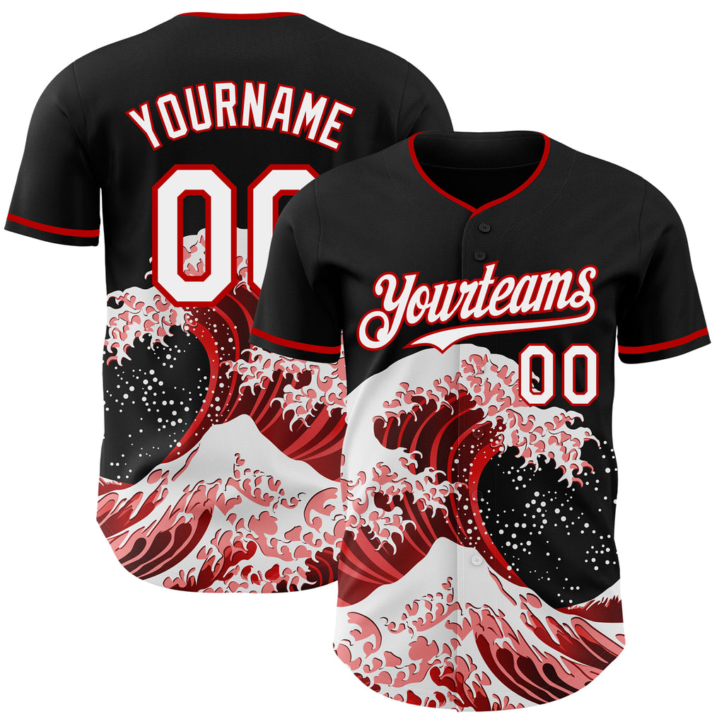 Custom Black White-Red Japanese Wave Authentic Baseball Jersey