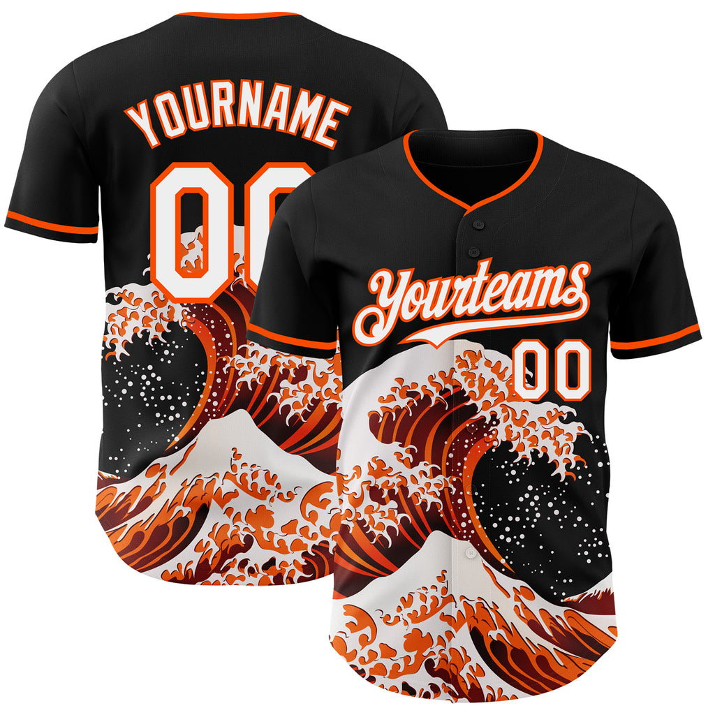 Custom Black White-Orange Japanese Wave Authentic Baseball Jersey