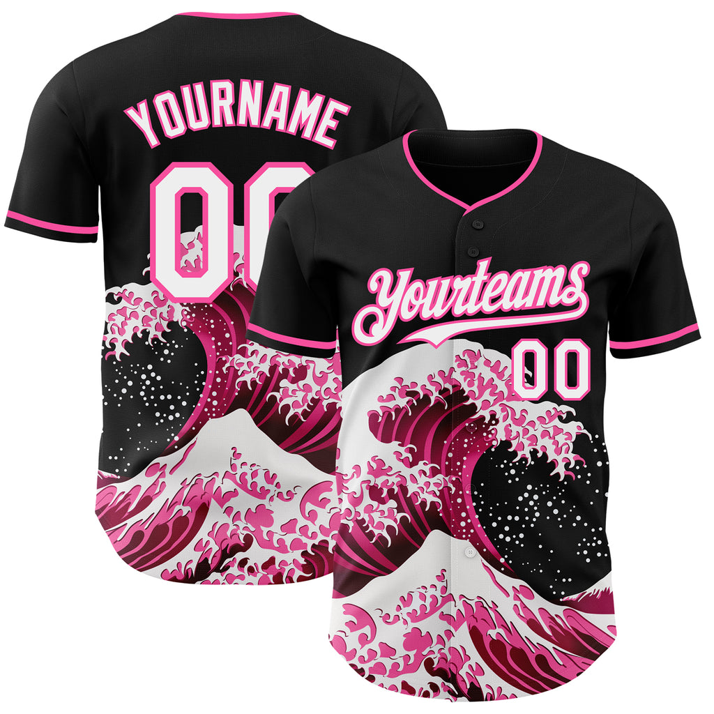 Custom Black White-Pink Japanese Wave Authentic Baseball Jersey