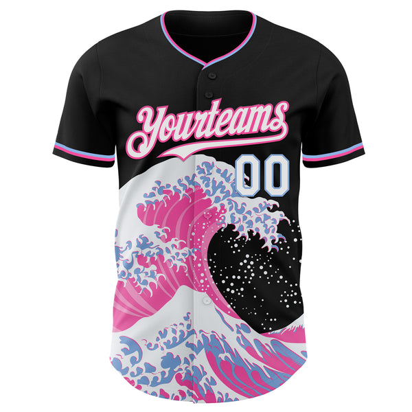 Custom Black White Pink-Light Blue Japanese Wave Authentic Baseball Jersey