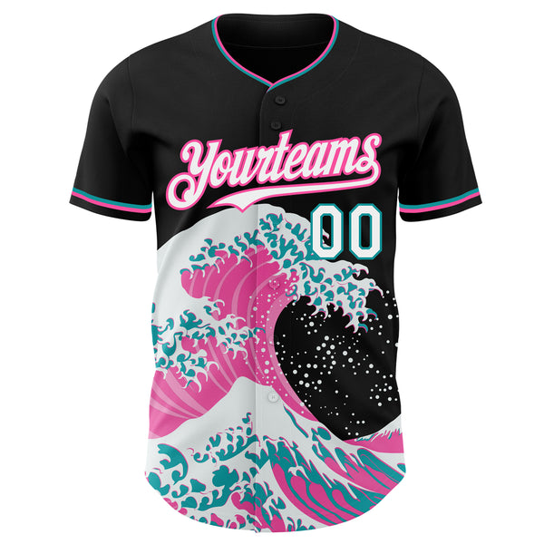 Custom Black White Pink-Teal Japanese Wave Authentic Baseball Jersey
