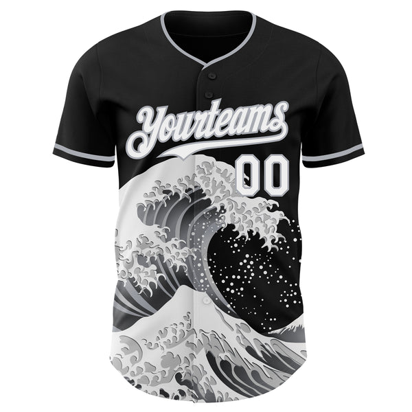 Custom Black White-Gray Japanese Wave Authentic Baseball Jersey