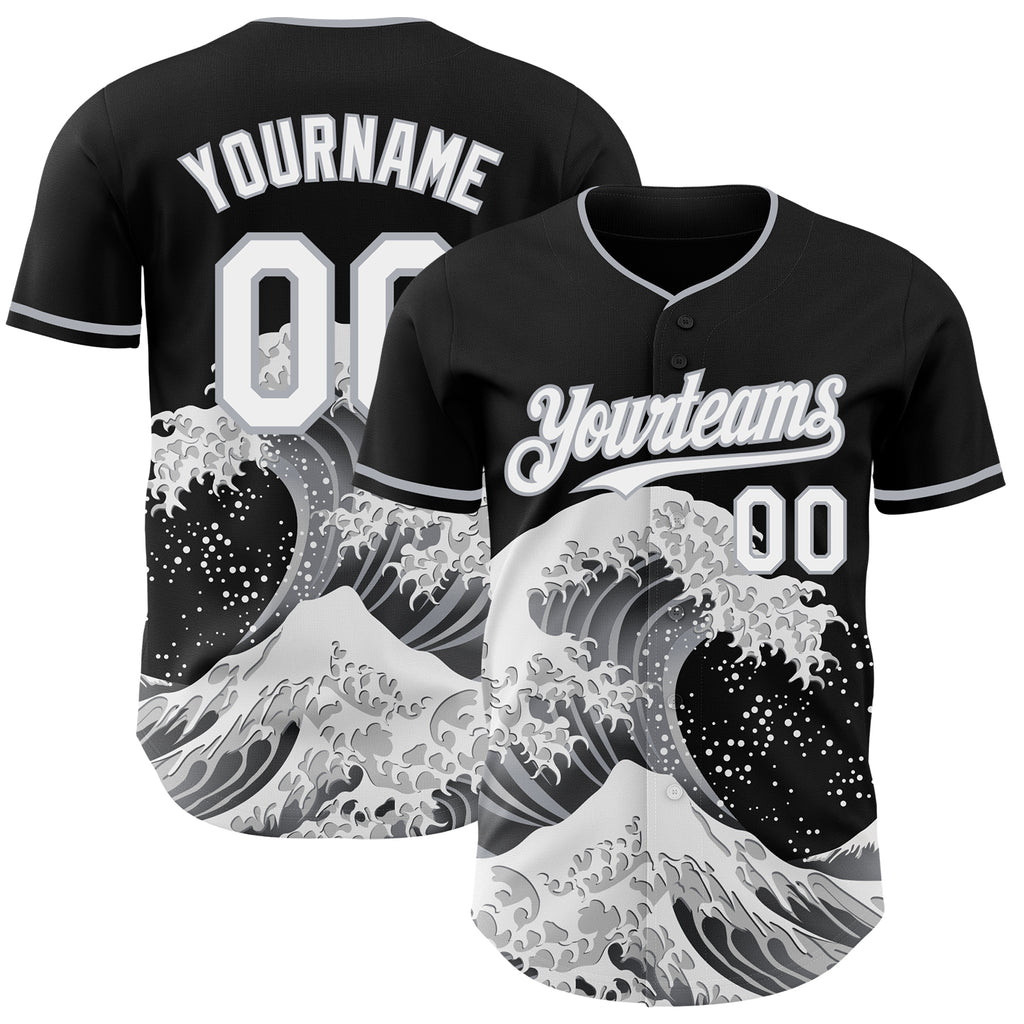 Custom Black White-Gray Japanese Wave Authentic Baseball Jersey