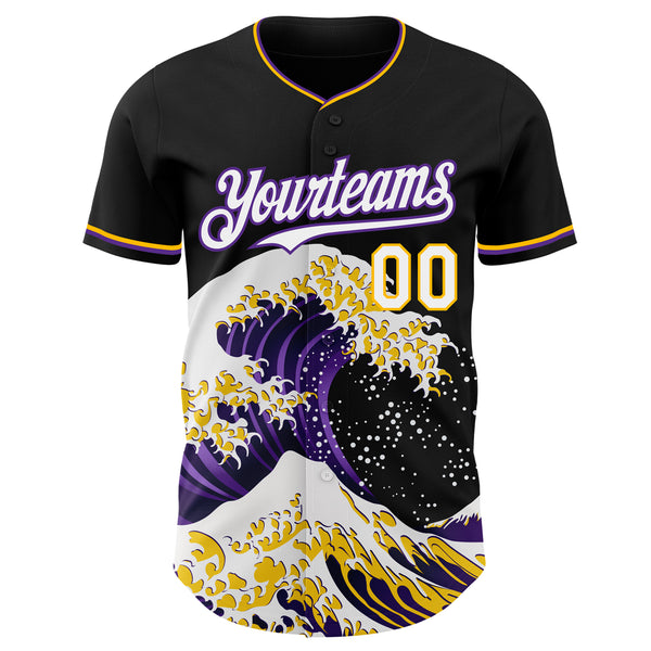 Custom Black White Purple-Gold Japanese Wave Authentic Baseball Jersey