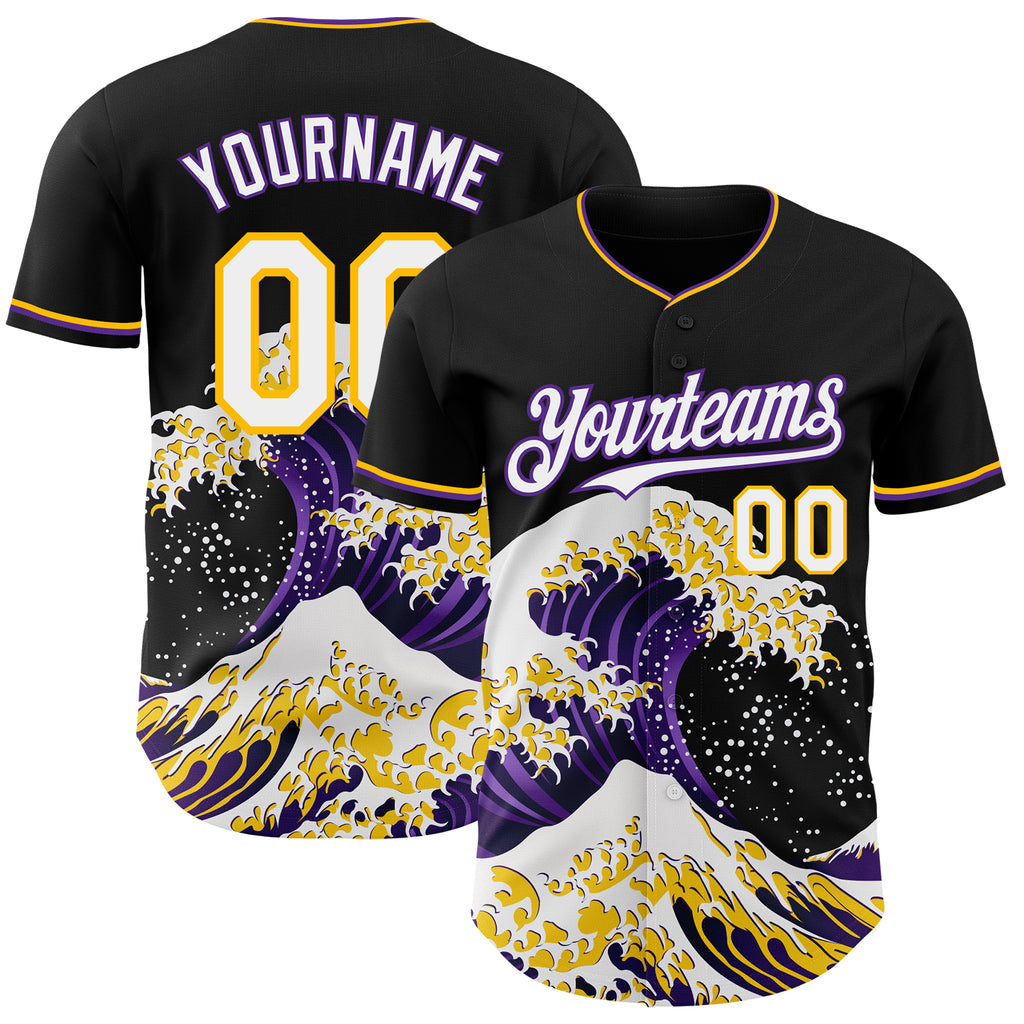 Custom Black White Purple-Gold Japanese Wave Authentic Baseball Jersey