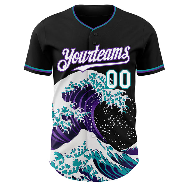 Custom Black White Purple-Teal Japanese Wave Authentic Baseball Jersey