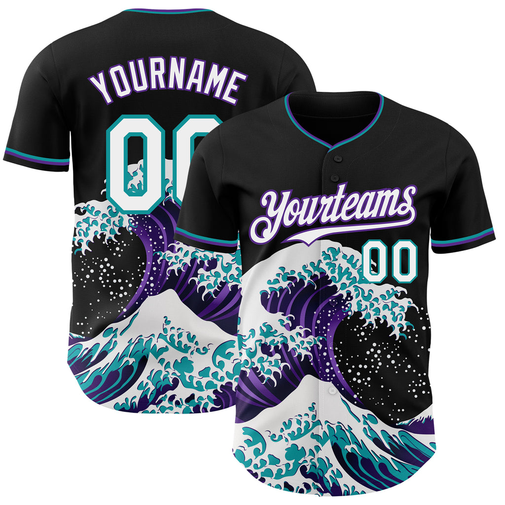 Custom Black White Purple-Teal Japanese Wave Authentic Baseball Jersey