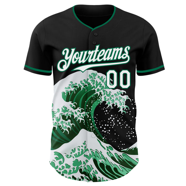 Custom Black White-Kelly Green Japanese Wave Authentic Baseball Jersey