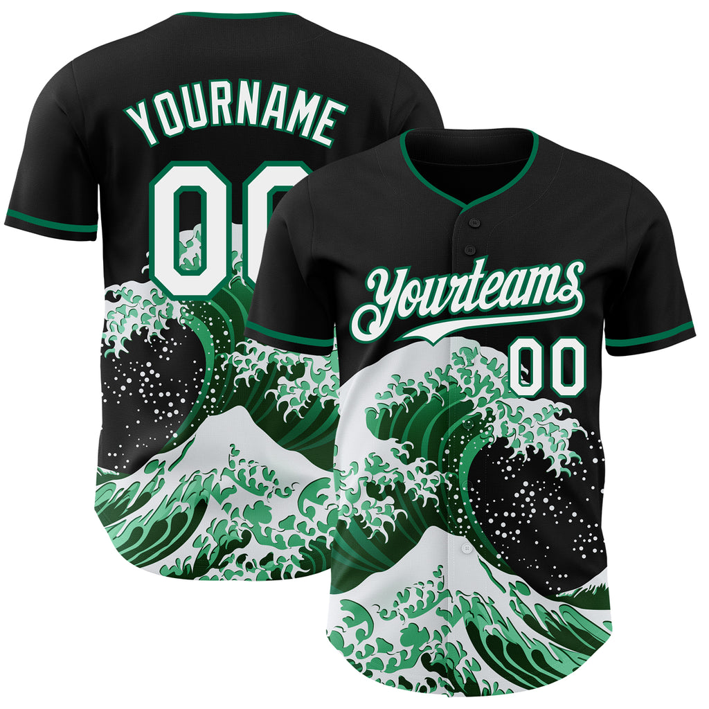 Custom Black White-Kelly Green Japanese Wave Authentic Baseball Jersey