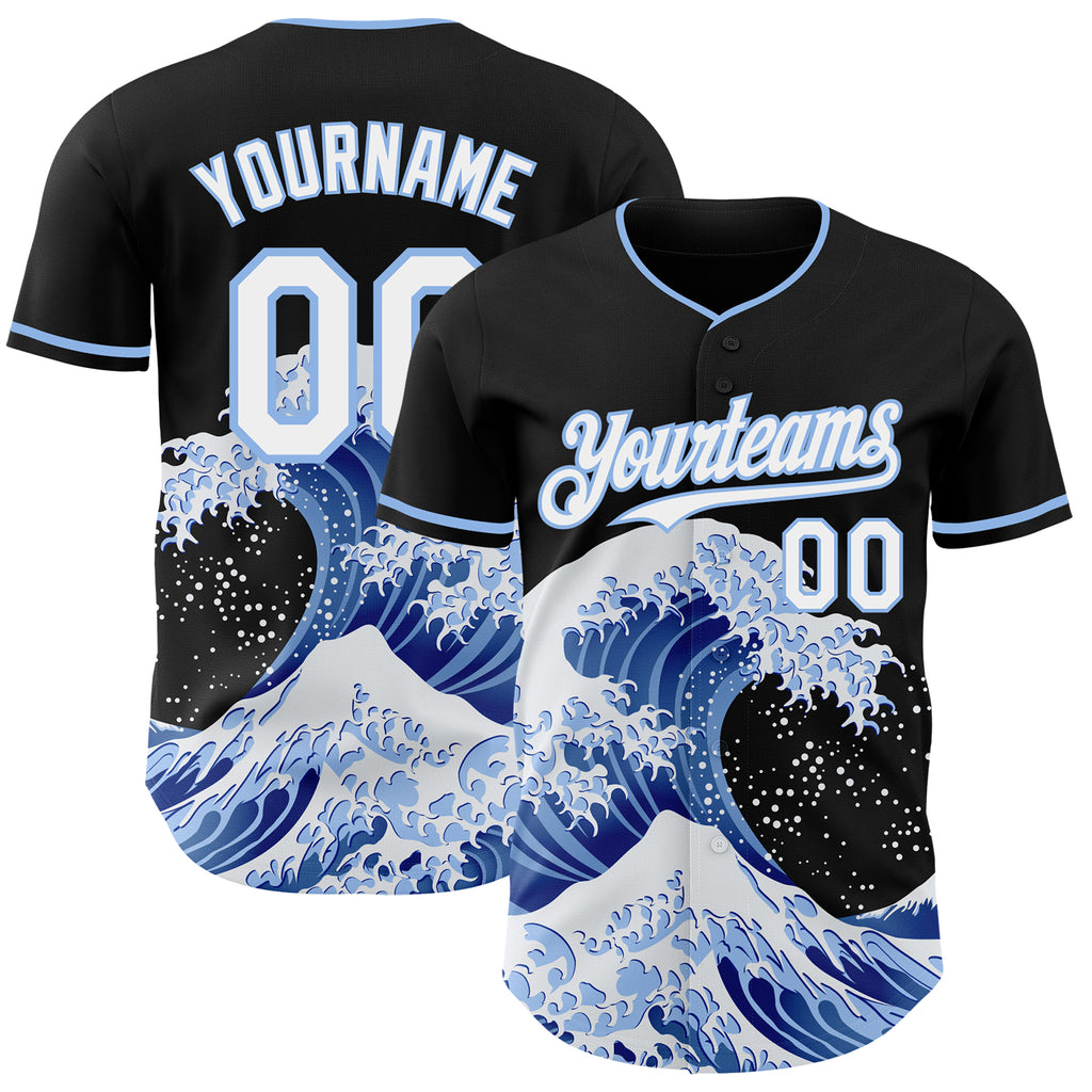 Custom Black White-Light Blue Japanese Wave Authentic Baseball Jersey