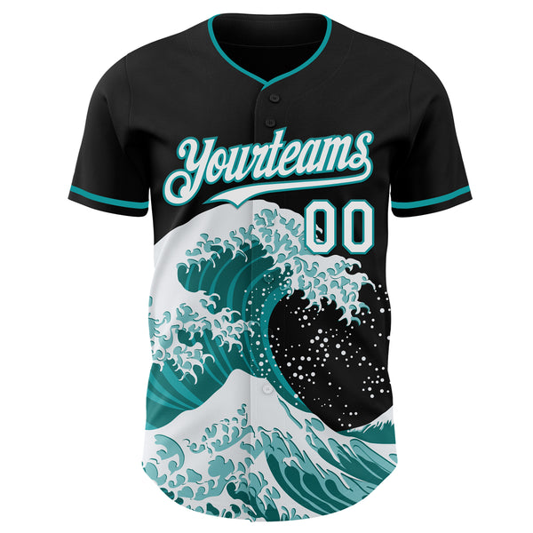 Custom Black White-Teal Japanese Wave Authentic Baseball Jersey
