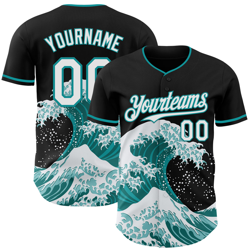 Custom Black White-Teal Japanese Wave Authentic Baseball Jersey