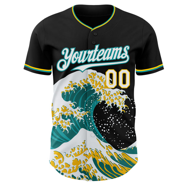Custom Black White Teal-Yellow Japanese Wave Authentic Baseball Jersey