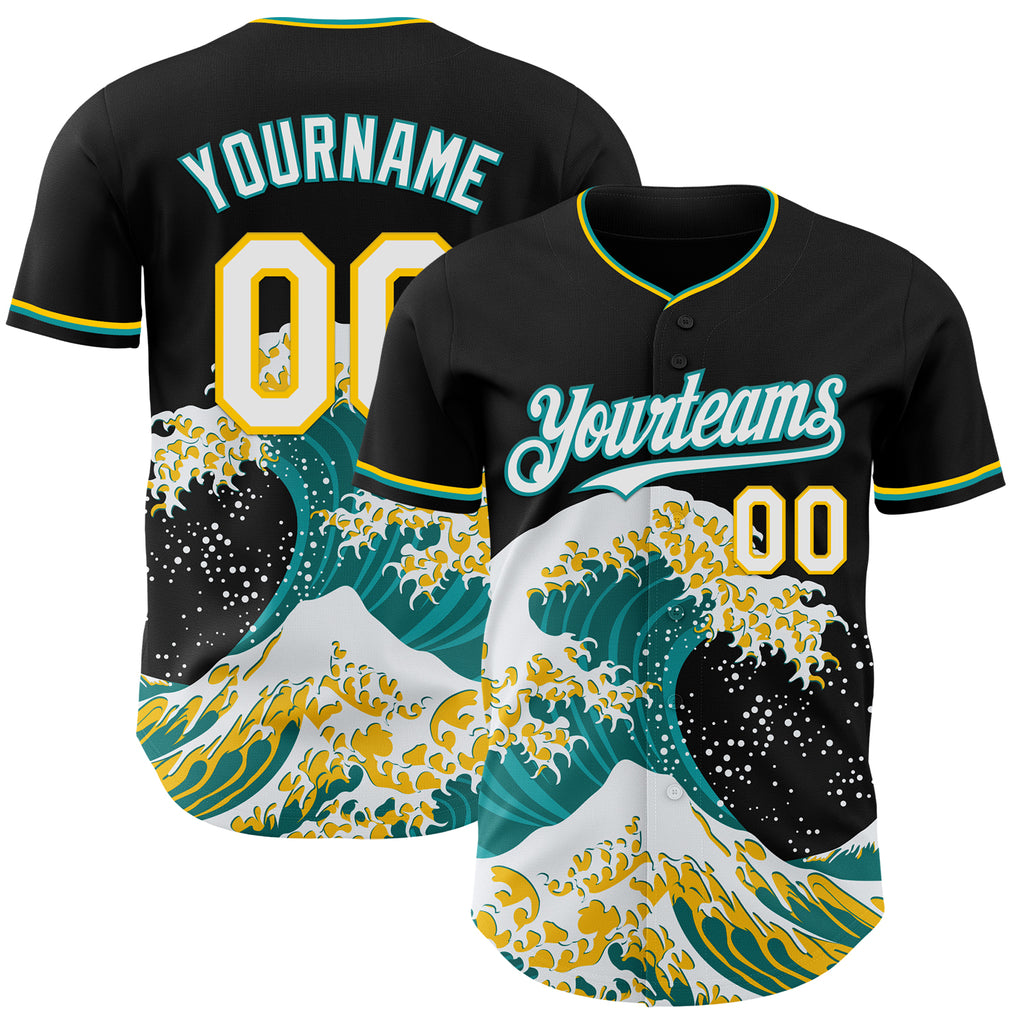 Custom Black White Teal-Yellow Japanese Wave Authentic Baseball Jersey