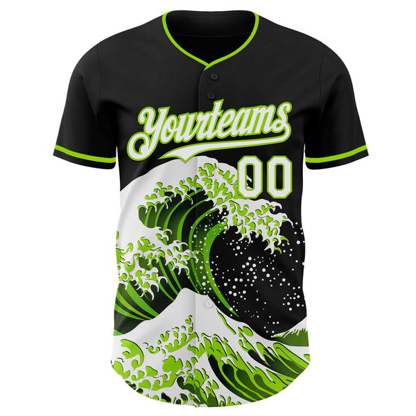 Custom Black White-Neon Green Japanese Wave Authentic Baseball Jersey
