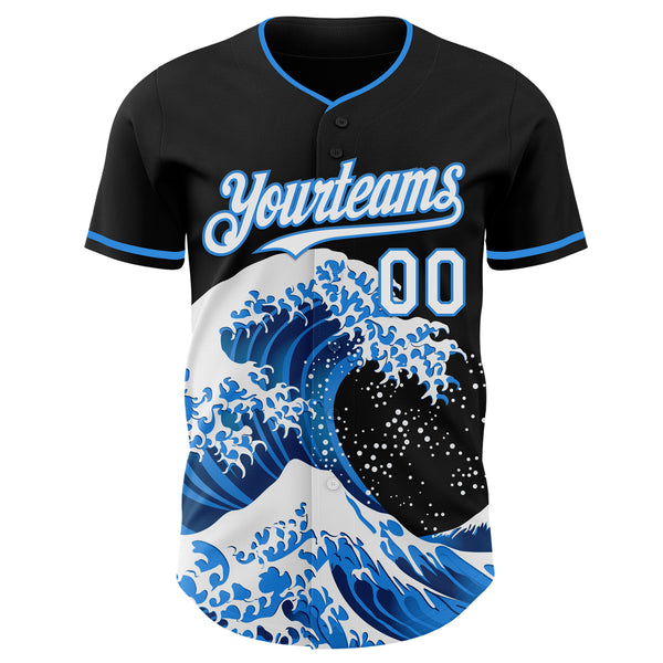 Custom Black White-Electric Blue Japanese Wave Authentic Baseball Jersey