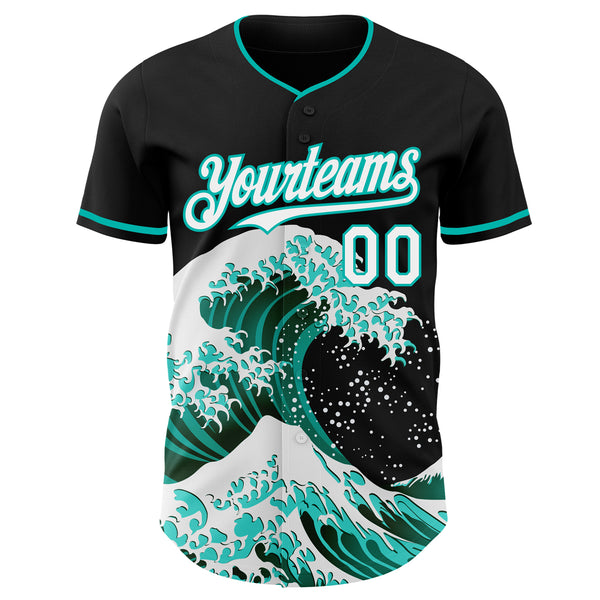 Custom Black White-Aqua Japanese Wave Authentic Baseball Jersey