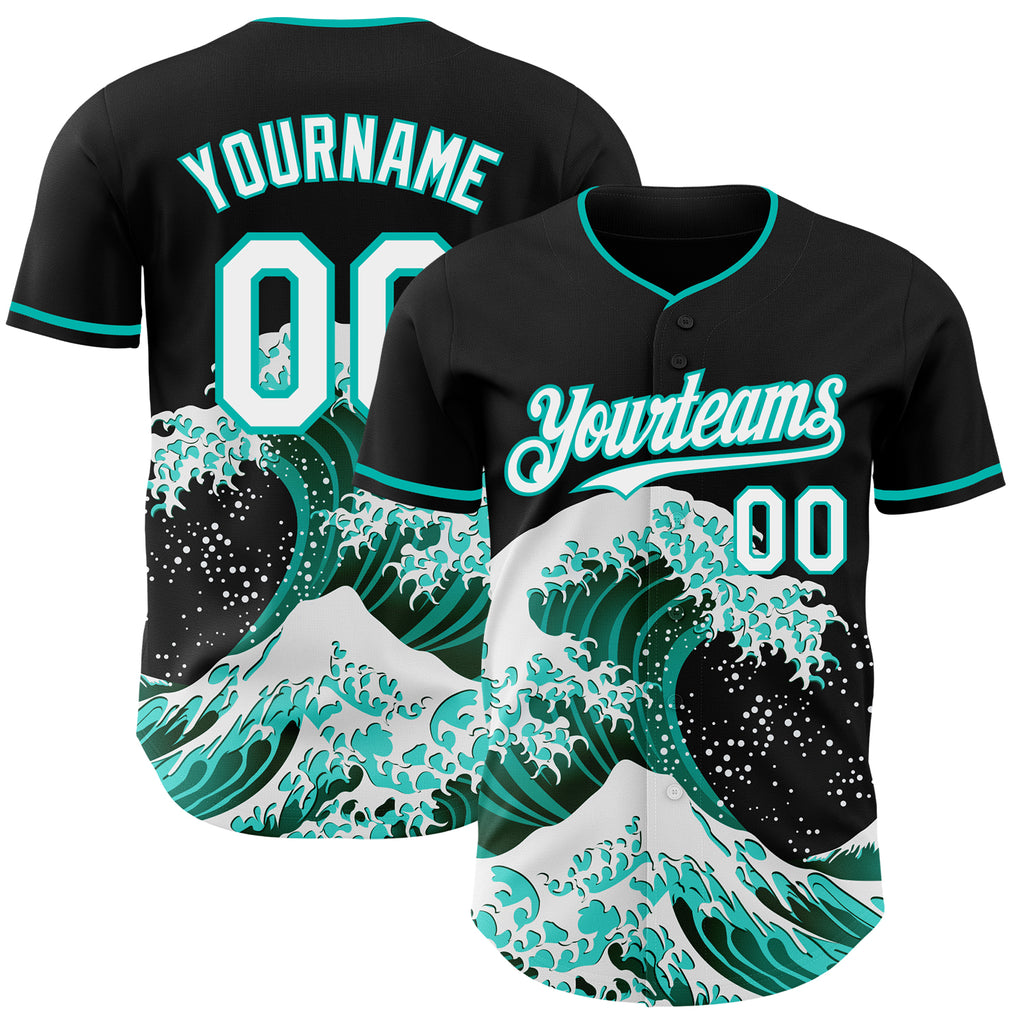 Custom Black White-Aqua Japanese Wave Authentic Baseball Jersey