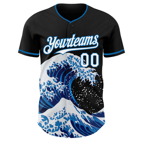 Custom Black White-Blue Japanese Wave Authentic Baseball Jersey