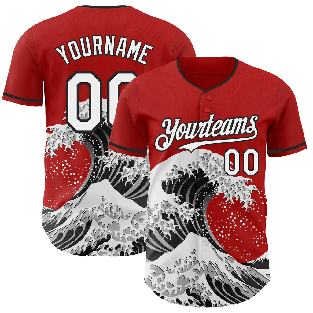 Custom Red White-Black Japanese Wave Authentic Baseball Jersey