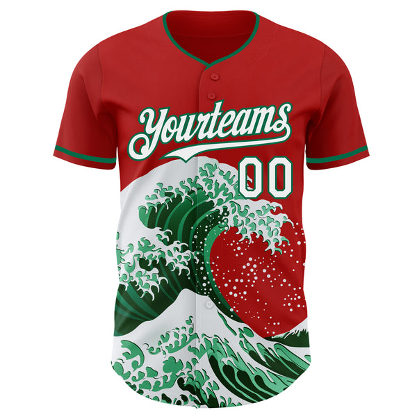 Custom Red White-Kelly Green Japanese Wave Authentic Baseball Jersey