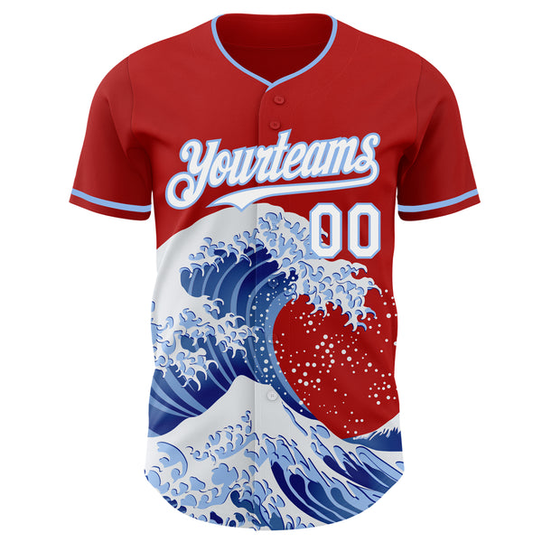 Custom Red White-Light Blue Japanese Wave Authentic Baseball Jersey
