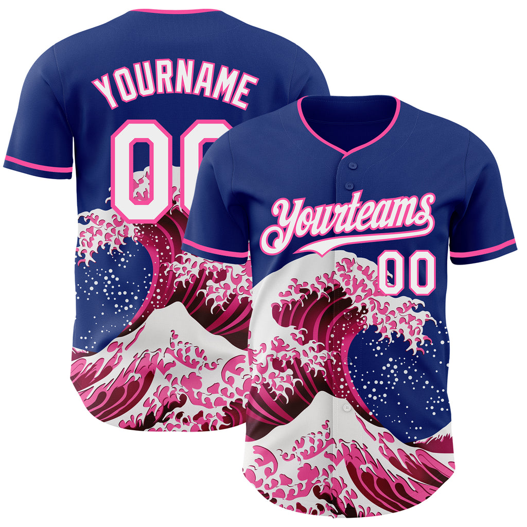 Custom Royal White-Pink Japanese Wave Authentic Baseball Jersey