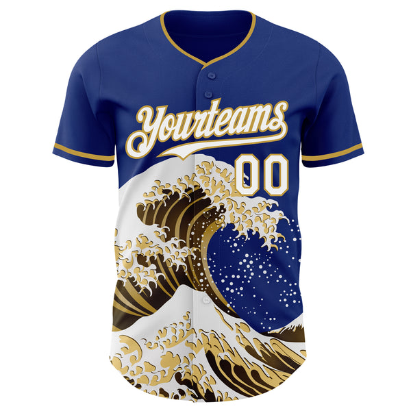 Custom Royal White-Old Gold Japanese Wave Authentic Baseball Jersey