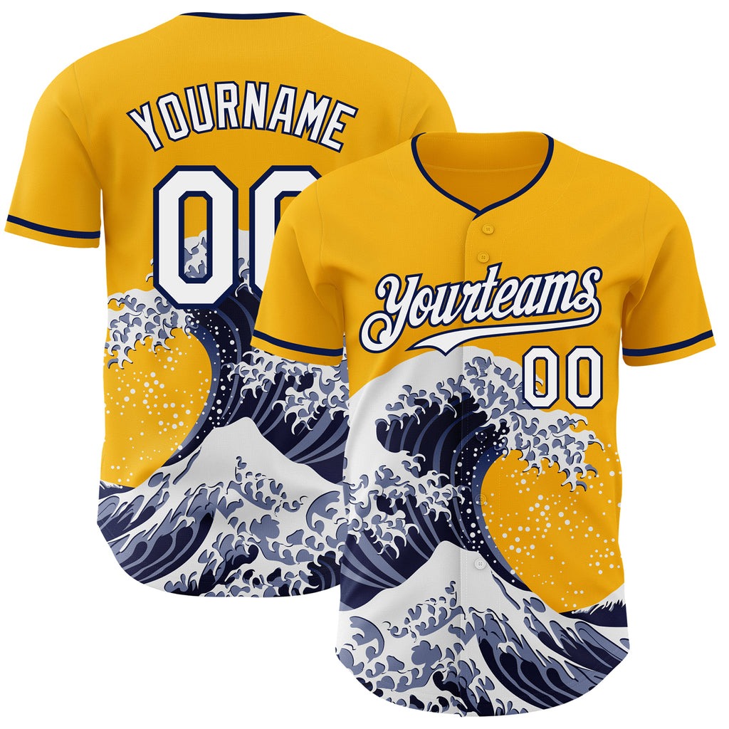 Custom Gold White-Navy Japanese Wave Authentic Baseball Jersey