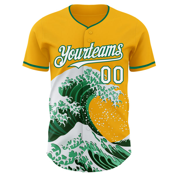 Custom Gold White-Kelly Green Japanese Wave Authentic Baseball Jersey