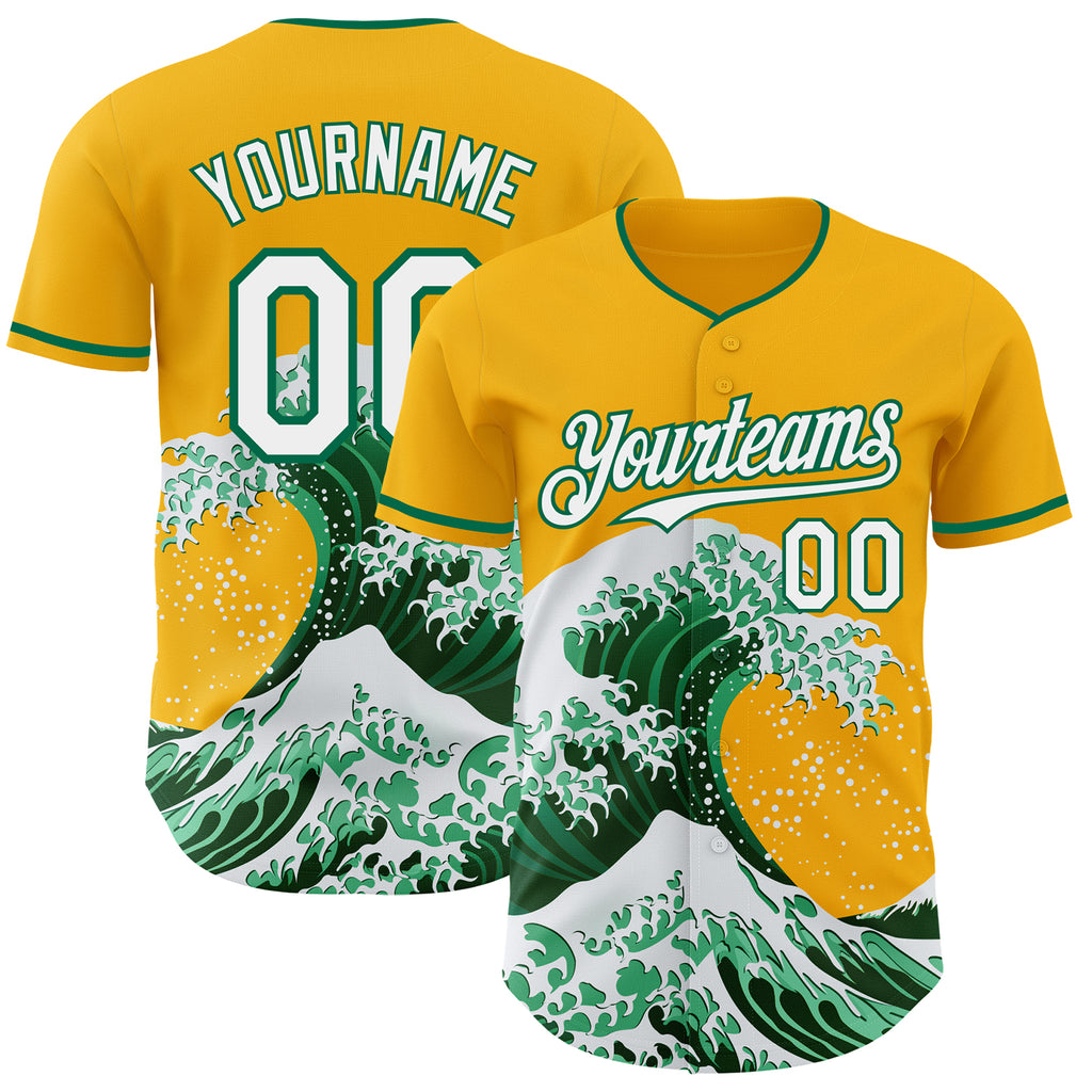 Custom Gold White-Kelly Green Japanese Wave Authentic Baseball Jersey