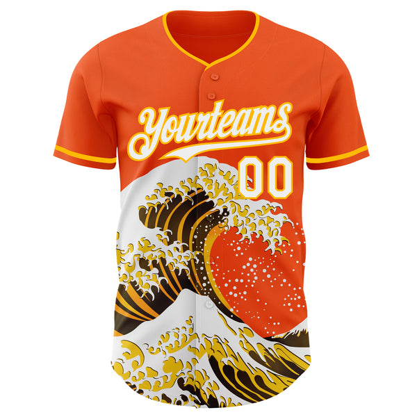 Custom Orange White-Gold Japanese Wave Authentic Baseball Jersey
