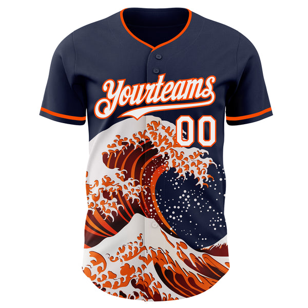 Custom Navy White-Orange Japanese Wave Authentic Baseball Jersey