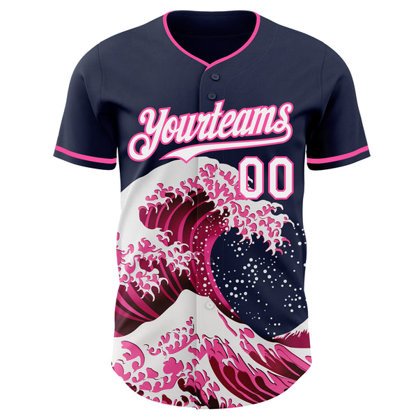 Custom Navy White-Pink Japanese Wave Authentic Baseball Jersey