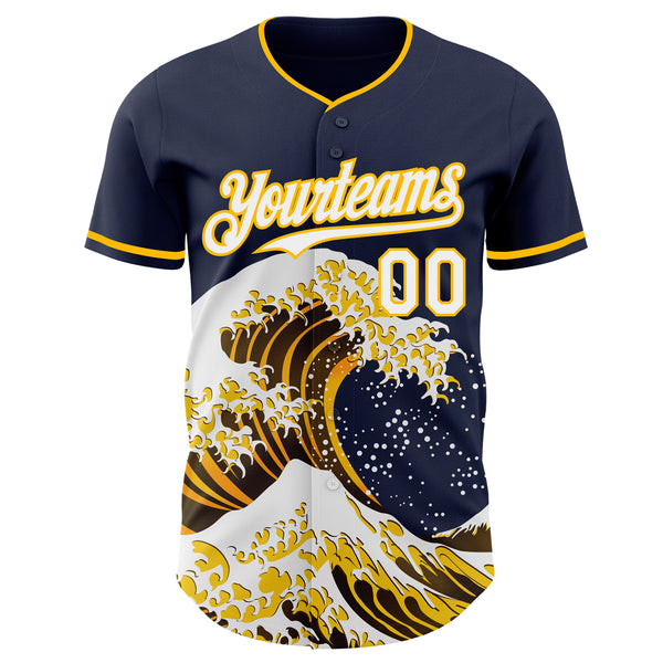 Custom Navy White-Gold Japanese Wave Authentic Baseball Jersey