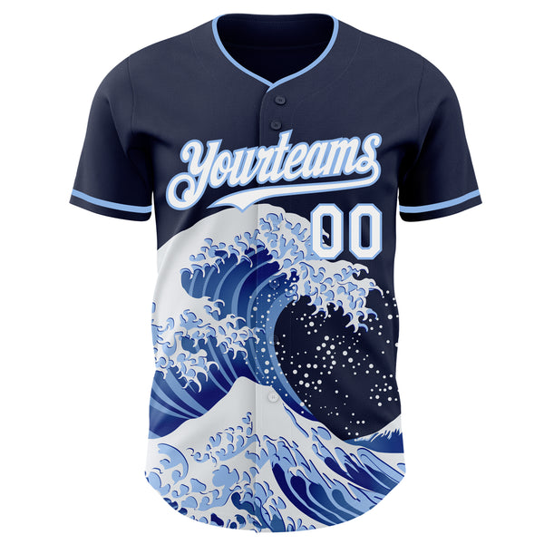 Custom Navy White-Light Blue Japanese Wave Authentic Baseball Jersey