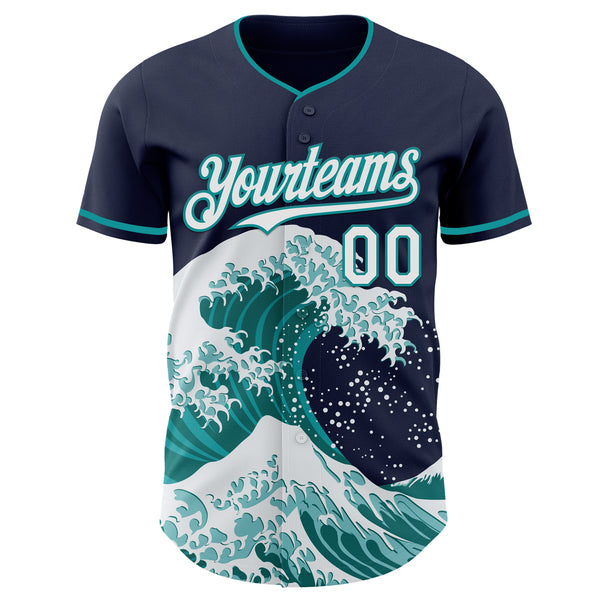 Custom Navy White-Teal Japanese Wave Authentic Baseball Jersey