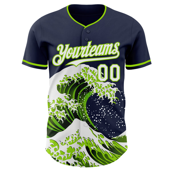 Custom Navy White-Neon Green Japanese Wave Authentic Baseball Jersey