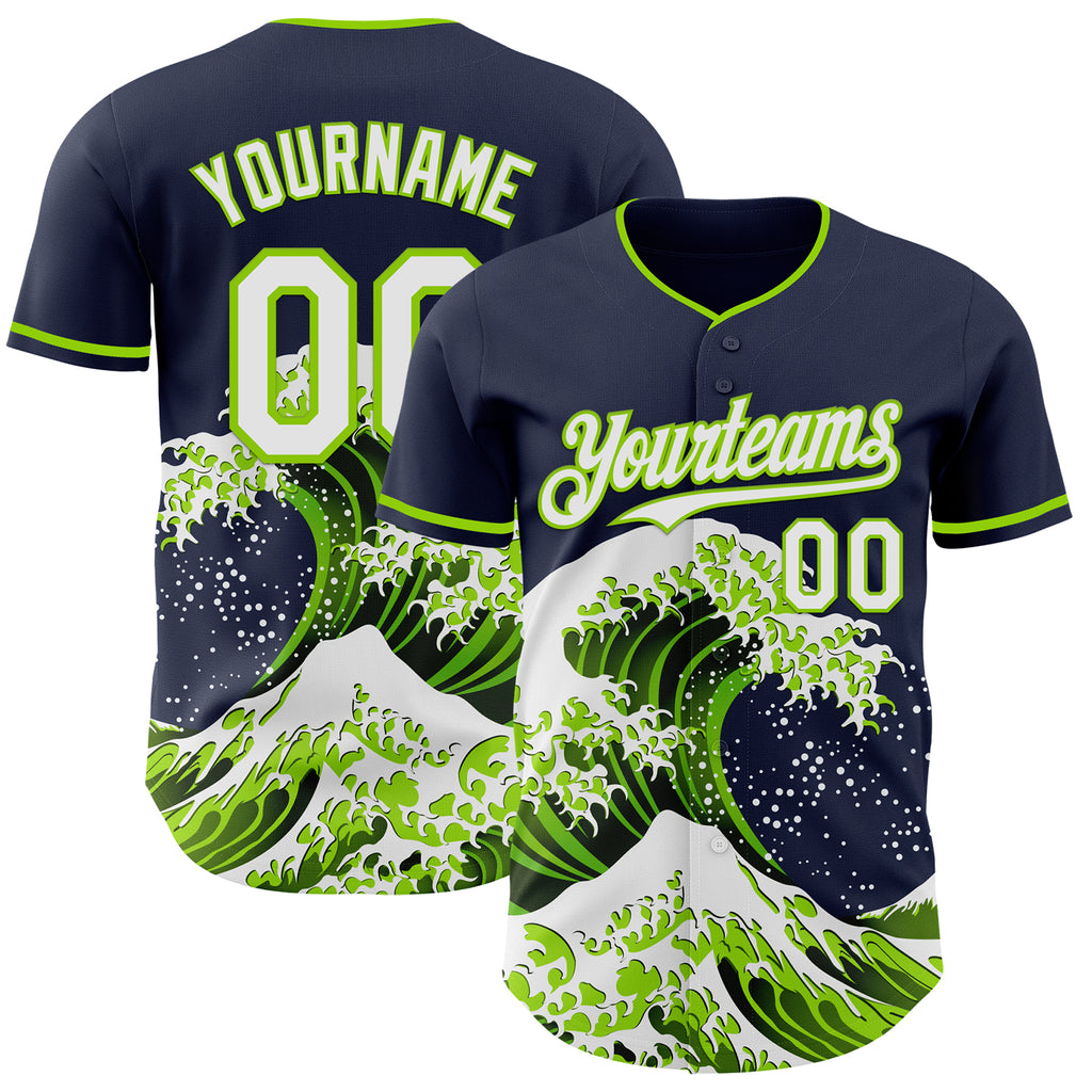 Custom Navy White-Neon Green Japanese Wave Authentic Baseball Jersey