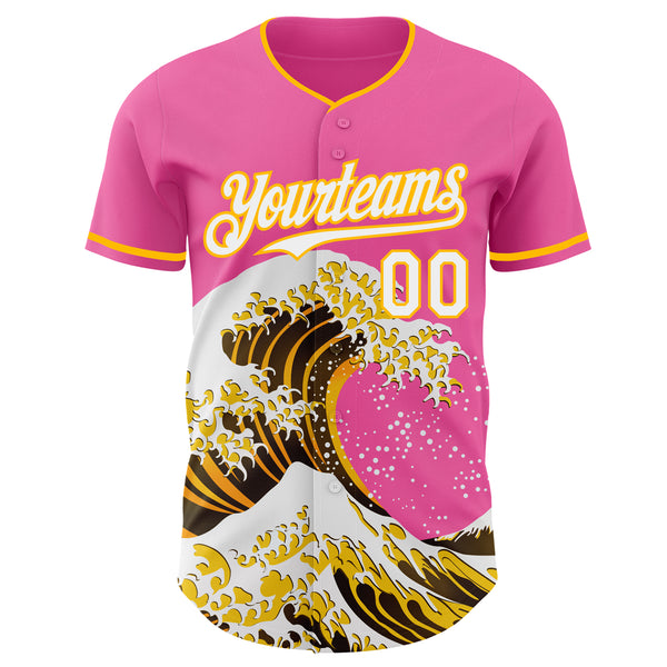 Custom Pink White-Gold Japanese Wave Authentic Baseball Jersey