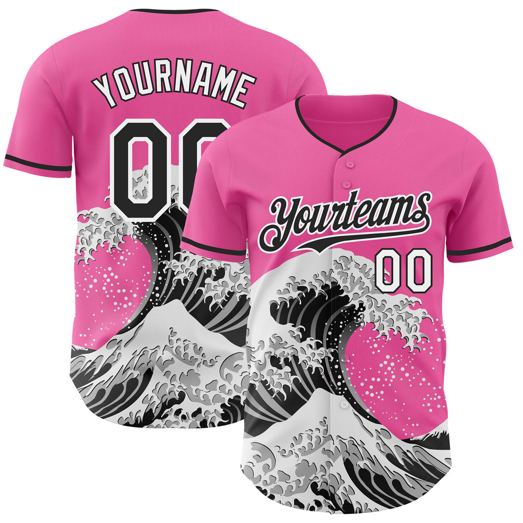 Custom Pink Black-White Japanese Wave Authentic Baseball Jersey