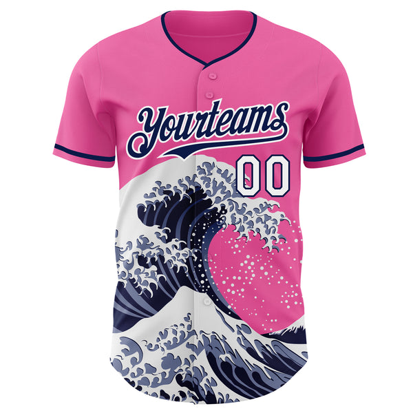 Custom Pink Navy-White Japanese Wave Authentic Baseball Jersey