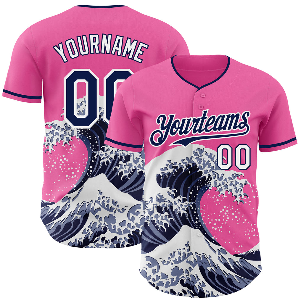 Custom Pink Navy-White Japanese Wave Authentic Baseball Jersey