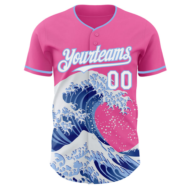 Custom Pink White-Light Blue Japanese Wave Authentic Baseball Jersey