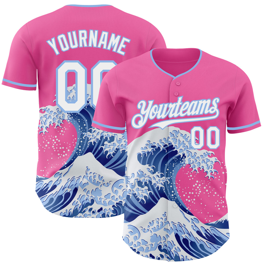 Custom Pink White-Light Blue Japanese Wave Authentic Baseball Jersey