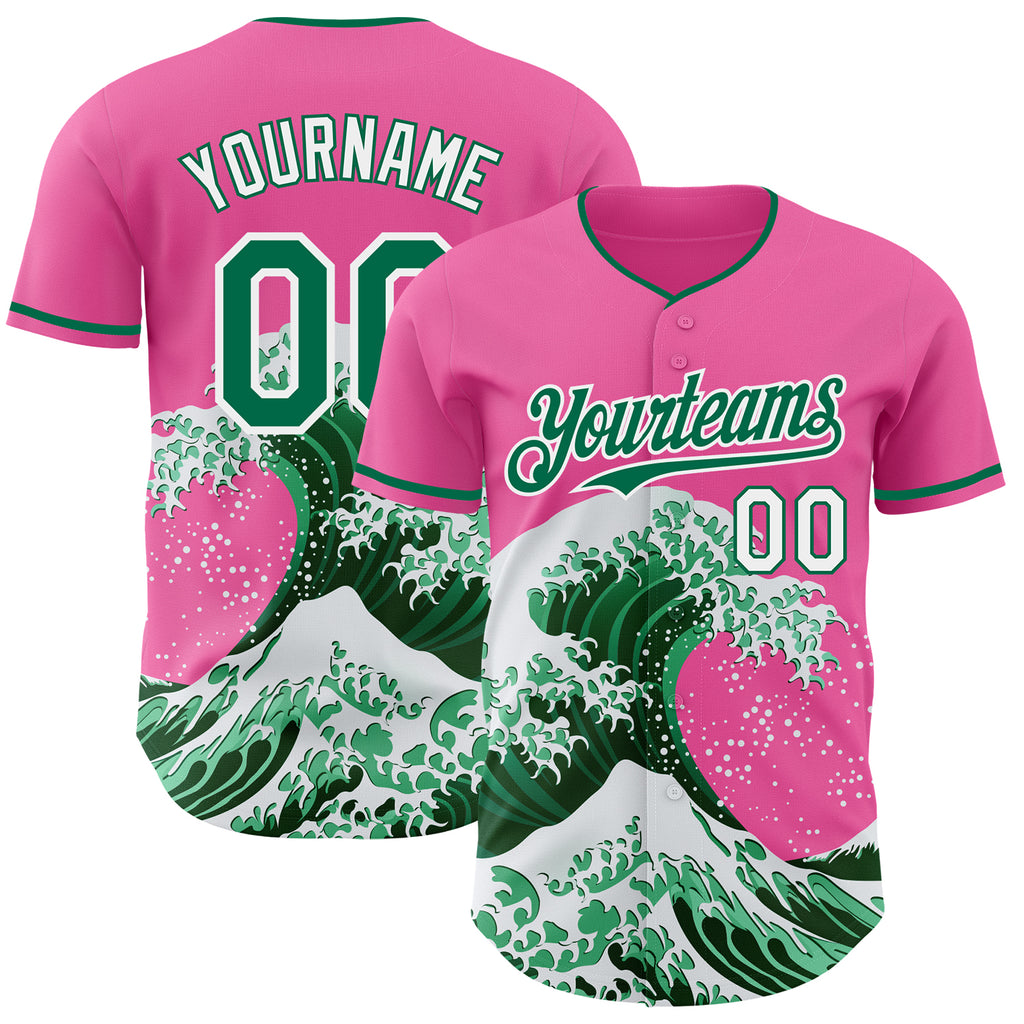 Custom Pink Kelly Green-White Japanese Wave Authentic Baseball Jersey