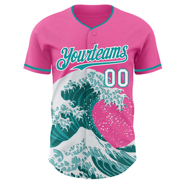 Custom Pink Teal-White Japanese Wave Authentic Baseball Jersey