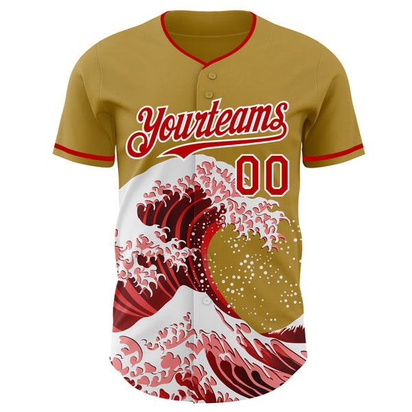 Custom Old Gold Red-White Japanese Wave Authentic Baseball Jersey