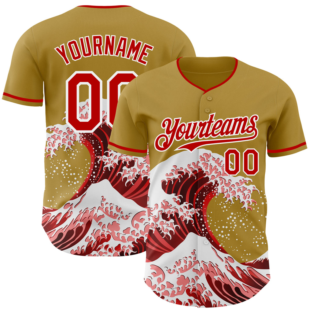 Custom Old Gold Red-White Japanese Wave Authentic Baseball Jersey